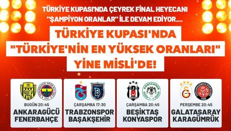 Türkiye Kupası heyecanı “Şampiyon Oranlar” ile devam ediyor… Türkiye Kupası’nda “Türkiye’nin En Yüksek Oranları” yine Misli’de!