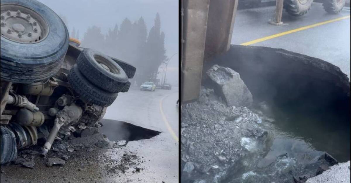 Balıkesir’de hafriyat kamyonu yolda oluşan çukura düştü
